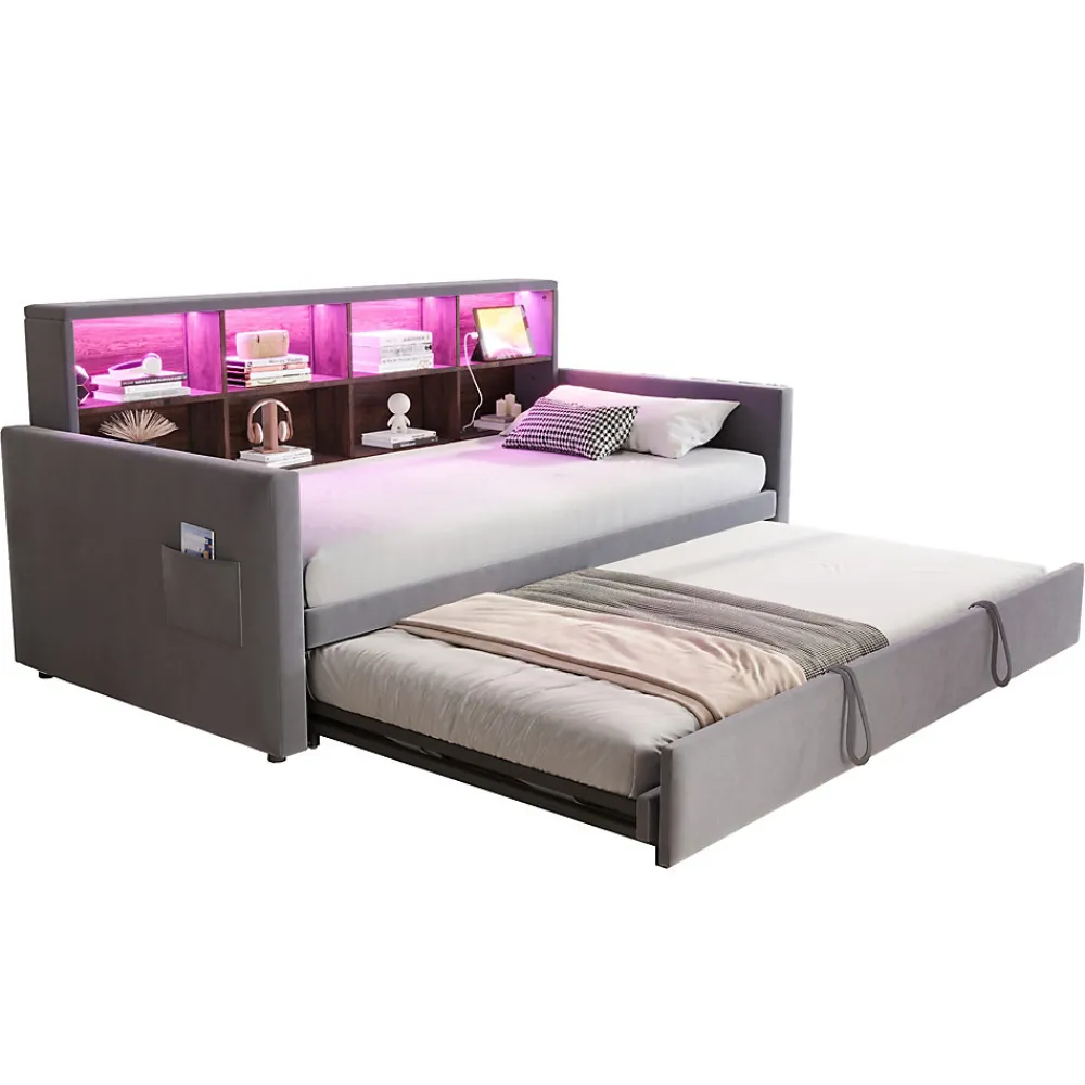 Lit Gigogne 90x190 cm - Lit Simple Capitonné avec Ports USB+Type-C, Enfant et Ado - Velours, Métal, MDF, Gris Foncé- sans Matelas>Okwish Outlet