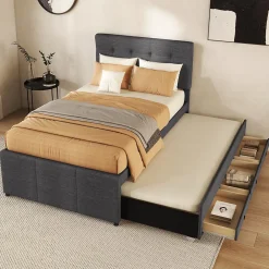 Okwish Lit Gigogne 90x200 cm - Lit Simple avec 3 Tiroirs de Rangement et Tête de Lit Réglable, Rembourré en Tissu Lin, sans Matelas, Gris* Lit Gigogne