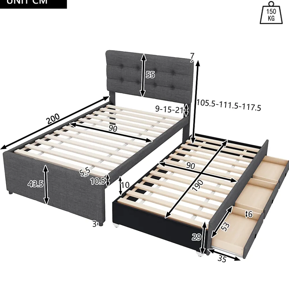 Okwish Lit Gigogne 90x200 cm - Lit Simple avec 3 Tiroirs de Rangement et Tête de Lit Réglable, Rembourré en Tissu Lin, sans Matelas, Gris* Lit Gigogne