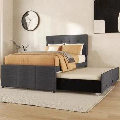 Okwish Lit Gigogne 90x200 cm - Lit Simple avec 3 Tiroirs de Rangement et Tête de Lit Réglable, Rembourré en Tissu Lin, sans Matelas, Gris* Lit Gigogne