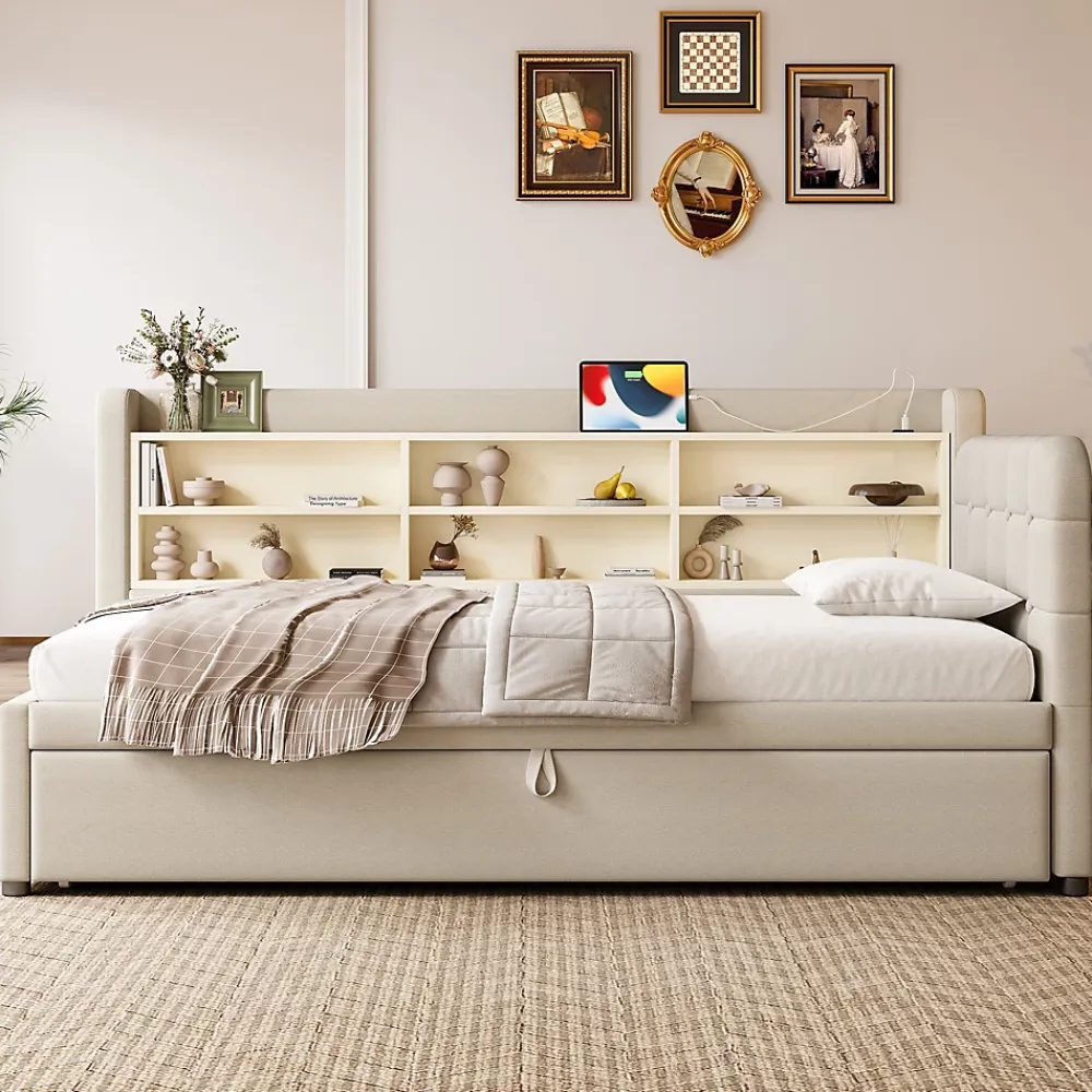 Okwish Lit Gigogne 90x200 cm - Lit Simple avec Rangement et Lit Gigogne Intégré, Ports USB et Type-C, Lin Beige* Lit Gigogne