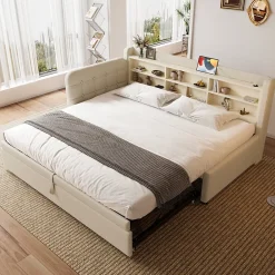 Okwish Lit Gigogne 90x200 cm - Lit Simple avec Rangement et Lit Gigogne Intégré, Ports USB et Type-C, Lin Beige* Lit Gigogne