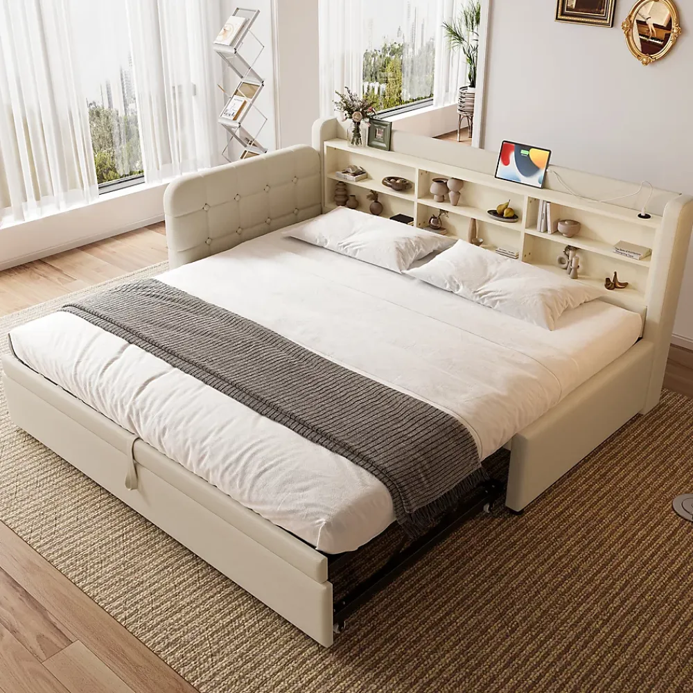 Okwish Lit Gigogne 90x200 cm - Lit Simple avec Rangement et Lit Gigogne Intégré, Ports USB et Type-C, Lin Beige* Lit Gigogne