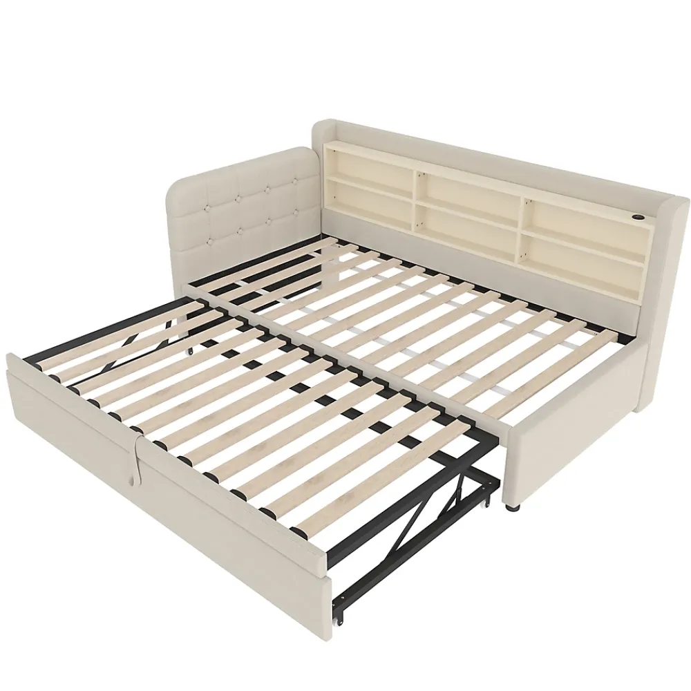 Okwish Lit Gigogne 90x200 cm - Lit Simple avec Rangement et Lit Gigogne Intégré, Ports USB et Type-C, Lin Beige* Lit Gigogne