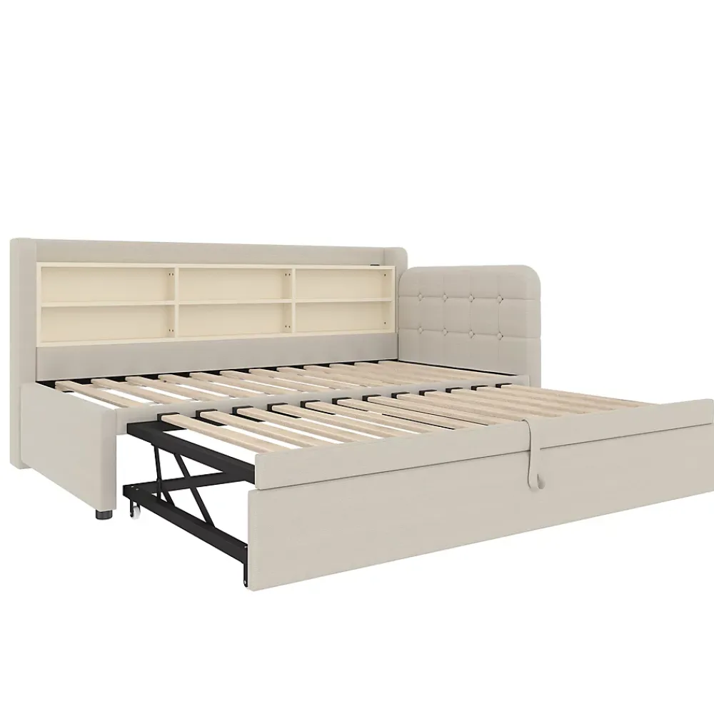 Okwish Lit Gigogne 90x200 cm - Lit Simple avec Rangement et Lit Gigogne Intégré, Ports USB et Type-C, Lin Beige* Lit Gigogne
