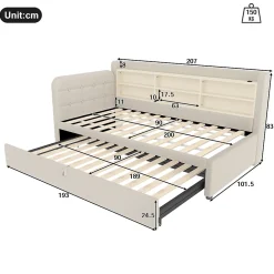 Okwish Lit Gigogne 90x200 cm - Lit Simple avec Rangement et Lit Gigogne Intégré, Ports USB et Type-C, Lin Beige* Lit Gigogne