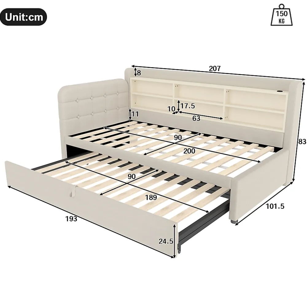 Okwish Lit Gigogne 90x200 cm - Lit Simple avec Rangement et Lit Gigogne Intégré, Ports USB et Type-C, Lin Beige* Lit Gigogne