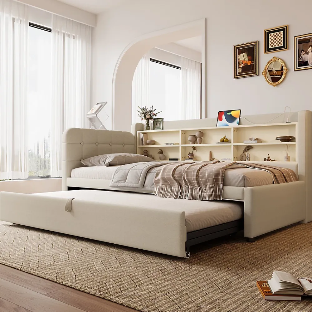 Okwish Lit Gigogne 90x200 cm - Lit Simple avec Rangement et Lit Gigogne Intégré, Ports USB et Type-C, Lin Beige* Lit Gigogne