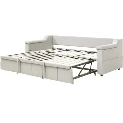 Okwish Lit Gigogne 90/180x190 cm - Lit Simple avec Rangement et Accoudoirs Larges, Système Bluetooth USB, Velours Beige* Lit Gigogne