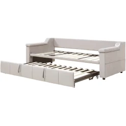 Okwish Lit Gigogne 90/180x190 cm - Lit Simple avec Rangement et Accoudoirs Larges, Système Bluetooth USB, Velours Beige* Lit Gigogne