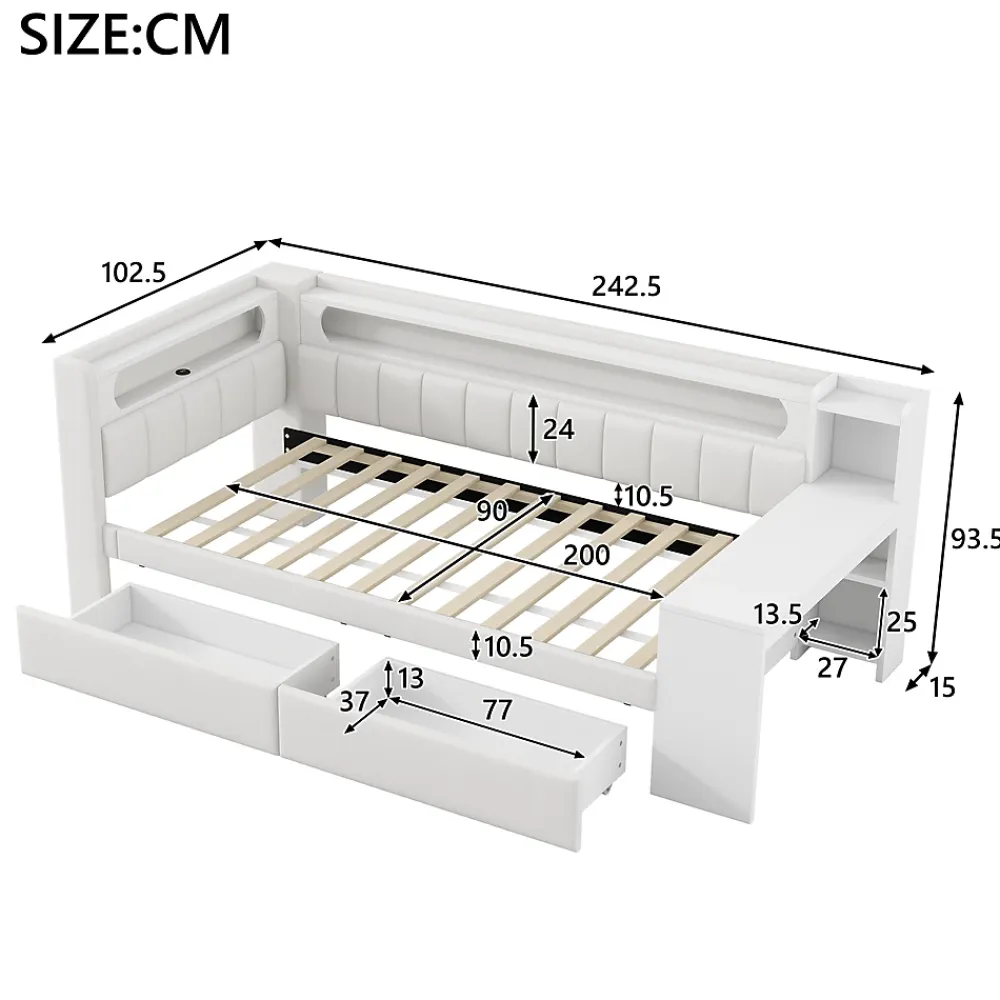 Okwish Lit gigogne 90x200 cm - Lit simple avec port USB et bande LED - Bois - Sans matelas - Blanc* Lit Gigogne