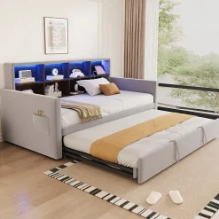 Okwish Lit Gigogne 90x190 cm - Lit Simple Capitonné avec Ports USB+Type-C, Enfant et Ado - Velours, Métal, MDF, Gris Clair - sans Matelas* Lit Gigogne
