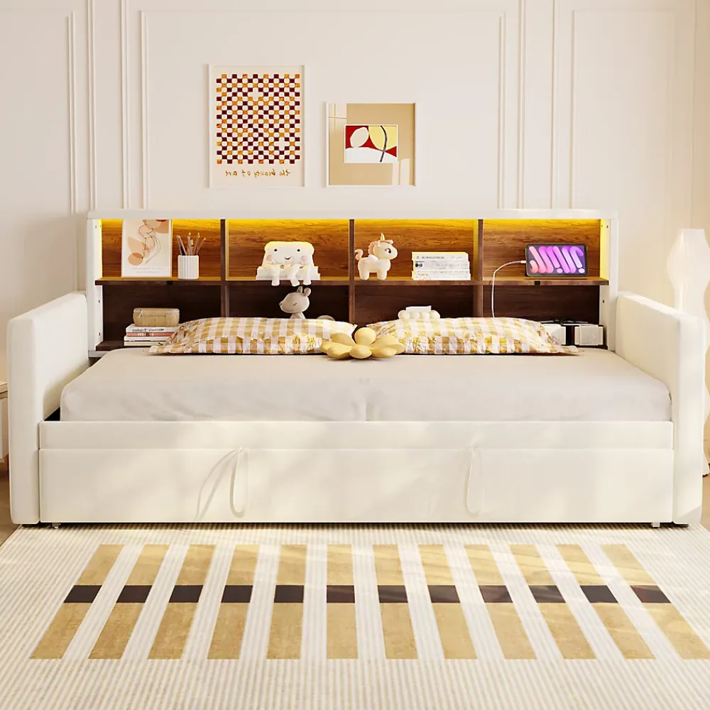 Okwish Lit Gigogne 90x190 cm - Lit Simple Capitonné avec Ports USB+Type-C pour Enfant et Ado - Velours, Métal, MDF, Beige - sans Matelas* Lit Gigogne