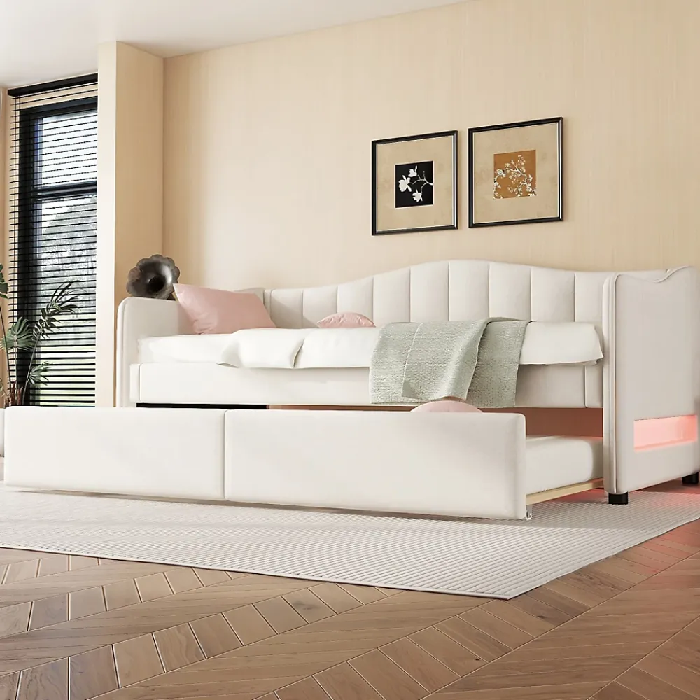 Okwish Lit gigogne 90x200 cm - Lit simple avec lit tiroir et sommier à lattes - Lin + MDF - Sans matelas - Beige* Lit Gigogne