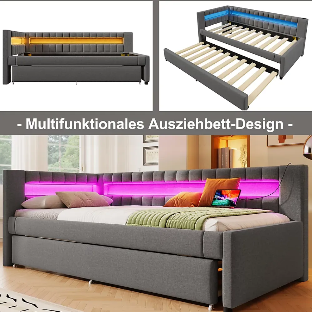 Okwish Lit Gigogne 90x200 cm - Lit Simple avec Sommier Coulissant, Éclairage LED et Ports USB Type-C, Lin et MDF, sans Matelas, Gris* Lit Gigogne