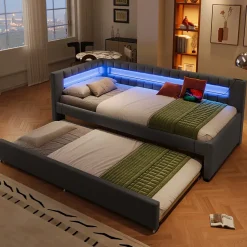 Okwish Lit Gigogne 90x200 cm - Lit Simple avec Sommier Coulissant, Éclairage LED et Ports USB Type-C, Lin et MDF, sans Matelas, Gris* Lit Gigogne