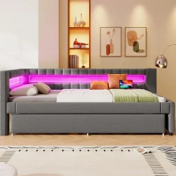 Okwish Lit Gigogne 90x200 cm - Lit Simple avec Sommier Coulissant, Éclairage LED et Ports USB Type-C, Lin et MDF, sans Matelas, Gris* Lit Gigogne
