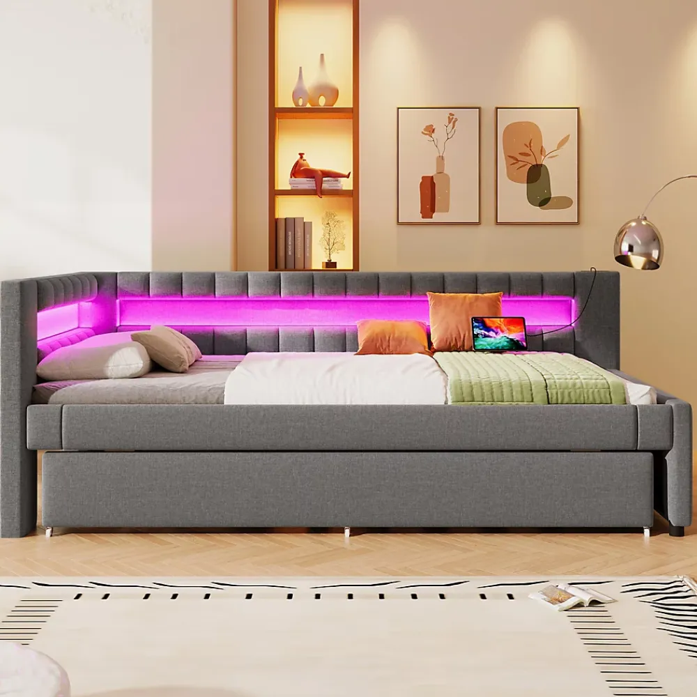 Okwish Lit Gigogne 90x200 cm - Lit Simple avec Sommier Coulissant, Éclairage LED et Ports USB Type-C, Lin et MDF, sans Matelas, Gris* Lit Gigogne