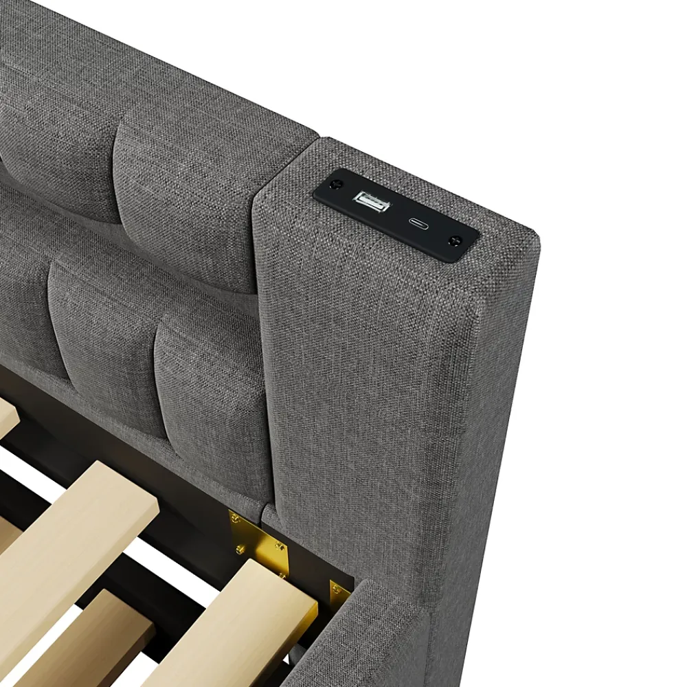 Okwish Lit Gigogne 90x200 cm - Lit Simple avec Sommier Coulissant, Éclairage LED et Ports USB Type-C, Lin et MDF, sans Matelas, Gris* Lit Gigogne