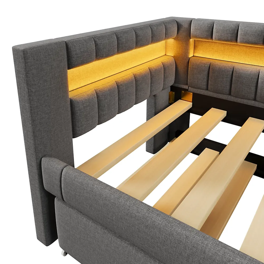 Okwish Lit Gigogne 90x200 cm - Lit Simple avec Sommier Coulissant, Éclairage LED et Ports USB Type-C, Lin et MDF, sans Matelas, Gris* Lit Gigogne