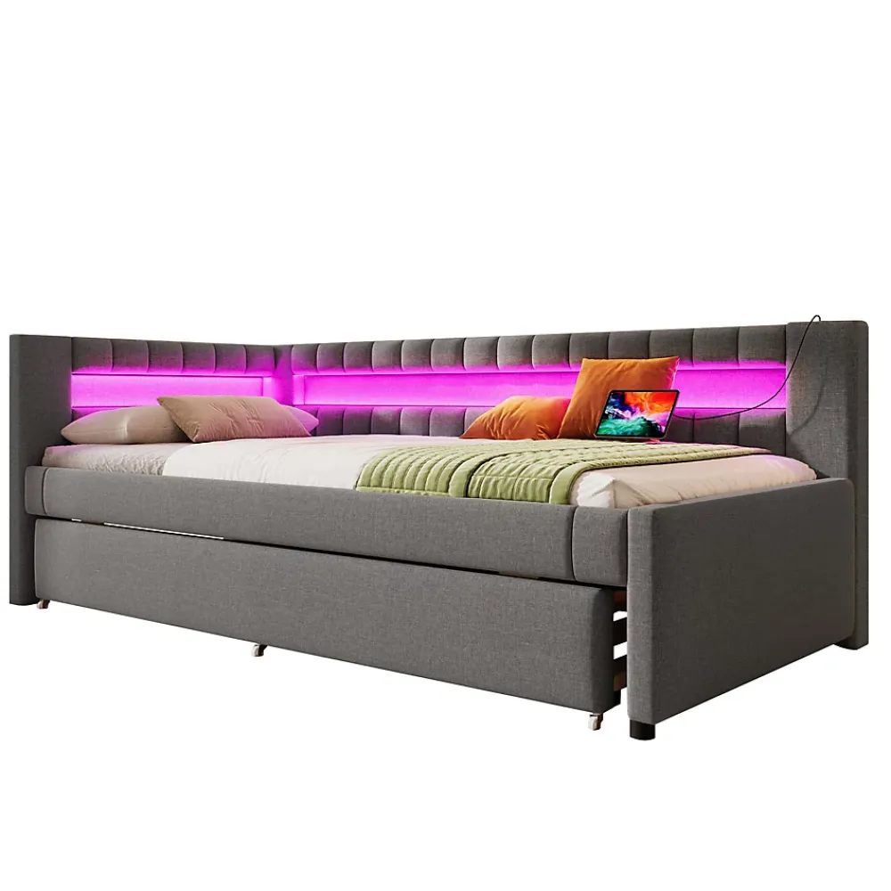Okwish Lit Gigogne 90x200 cm - Lit Simple avec Sommier Coulissant, Éclairage LED et Ports USB Type-C, Lin et MDF, sans Matelas, Gris* Lit Gigogne