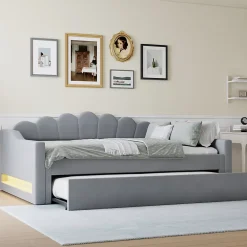 Okwish Lit gigogne 140x200 cm - Lit simple avec lit d'appoint extensible - MDF et Lin - Sans matelas - Gris* Lit Gigogne