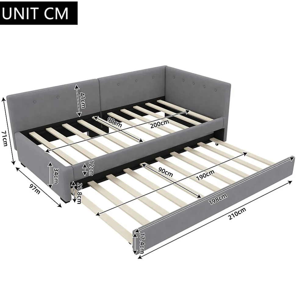 Okwish Lit Gigogne 90x200 cm - Lit Simple 1 Place avec Couchage Secondaire, sans Matelas, en Velours, Gris* Lit Gigogne