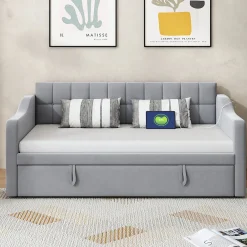 Lit Gigogne 90/180x190 cm - Lit Simple avec Lit Tiroir, Ports USB et Poche de Rangement, Sans Matelas - Velours Gris Clair><noscript><img width=