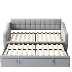 Lit Gigogne 90/180x190 cm - Lit Simple avec Lit Tiroir, Ports USB et Poche de Rangement, Sans Matelas - Velours Gris Clair><noscript><img width=