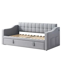 Lit Gigogne 90/180x190 cm - Lit Simple avec Lit Tiroir, Ports USB et Poche de Rangement, Sans Matelas - Velours Gris Clair><noscript><img width=