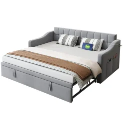 Lit Gigogne 90/180x190 cm - Lit Simple avec Lit Tiroir, Ports USB et Poche de Rangement, Sans Matelas - Velours Gris Clair><noscript><img width=
