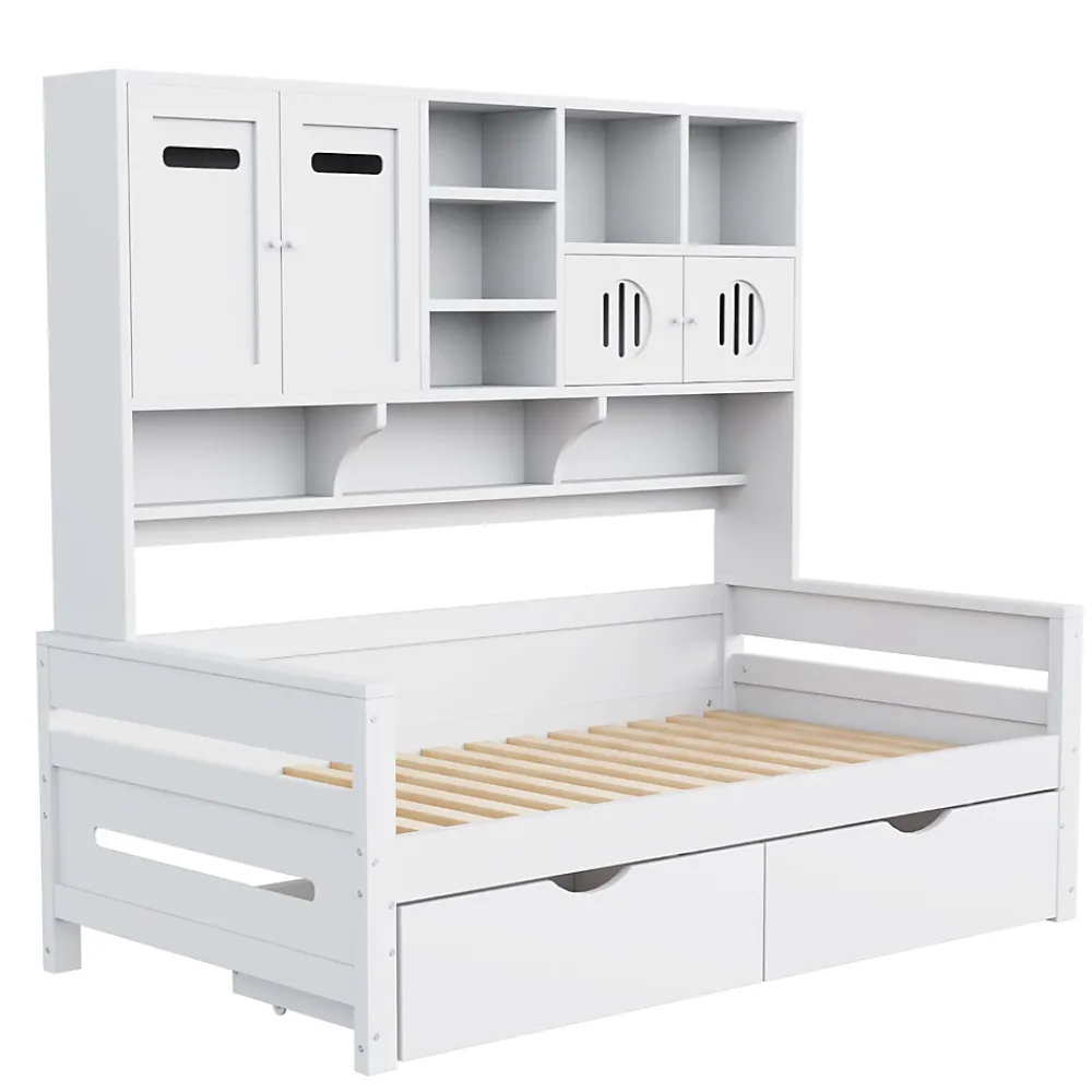 Okwish Lit Gigogne 90x200 cm - Lit Simple avec Deux Tiroirs de Rangement - Bois - Blanc - Sans Matelas* Lit Gigogne