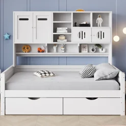 Okwish Lit Gigogne 90x200 cm - Lit Simple avec Deux Tiroirs de Rangement - Bois - Blanc - Sans Matelas* Lit Gigogne