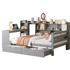 Okwish Lit Gigogne 90x200 cm - Lit Simple avec Bureau, Bibliothèque et Rangement Intégré, Sans Matelas - Bois Gris* Lit Gigogne