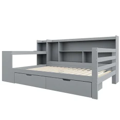 Okwish Lit Gigogne 90x200 cm - Lit Simple avec Bureau, Bibliothèque et Rangement Intégré, Sans Matelas - Bois Gris* Lit Gigogne