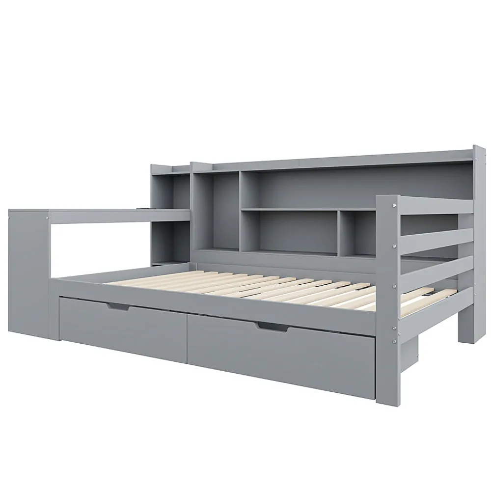 Okwish Lit Gigogne 90x200 cm - Lit Simple avec Bureau, Bibliothèque et Rangement Intégré, Sans Matelas - Bois Gris* Lit Gigogne