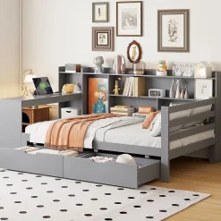 Okwish Lit Gigogne 90x200 cm - Lit Simple avec Bureau, Bibliothèque et Rangement Intégré, Sans Matelas - Bois Gris* Lit Gigogne