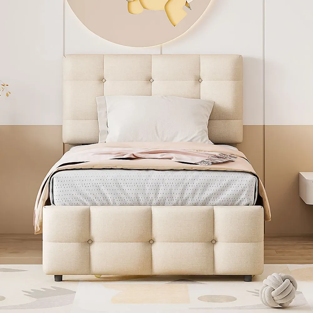 Okwish Lit Gigogne 90x200 cm - Lit Simple enfant avec Sommier à Lattes, Tête de Lit Réglable, Structure MDF et Métal, Sans Matelas, Beige* Lit Gigogne