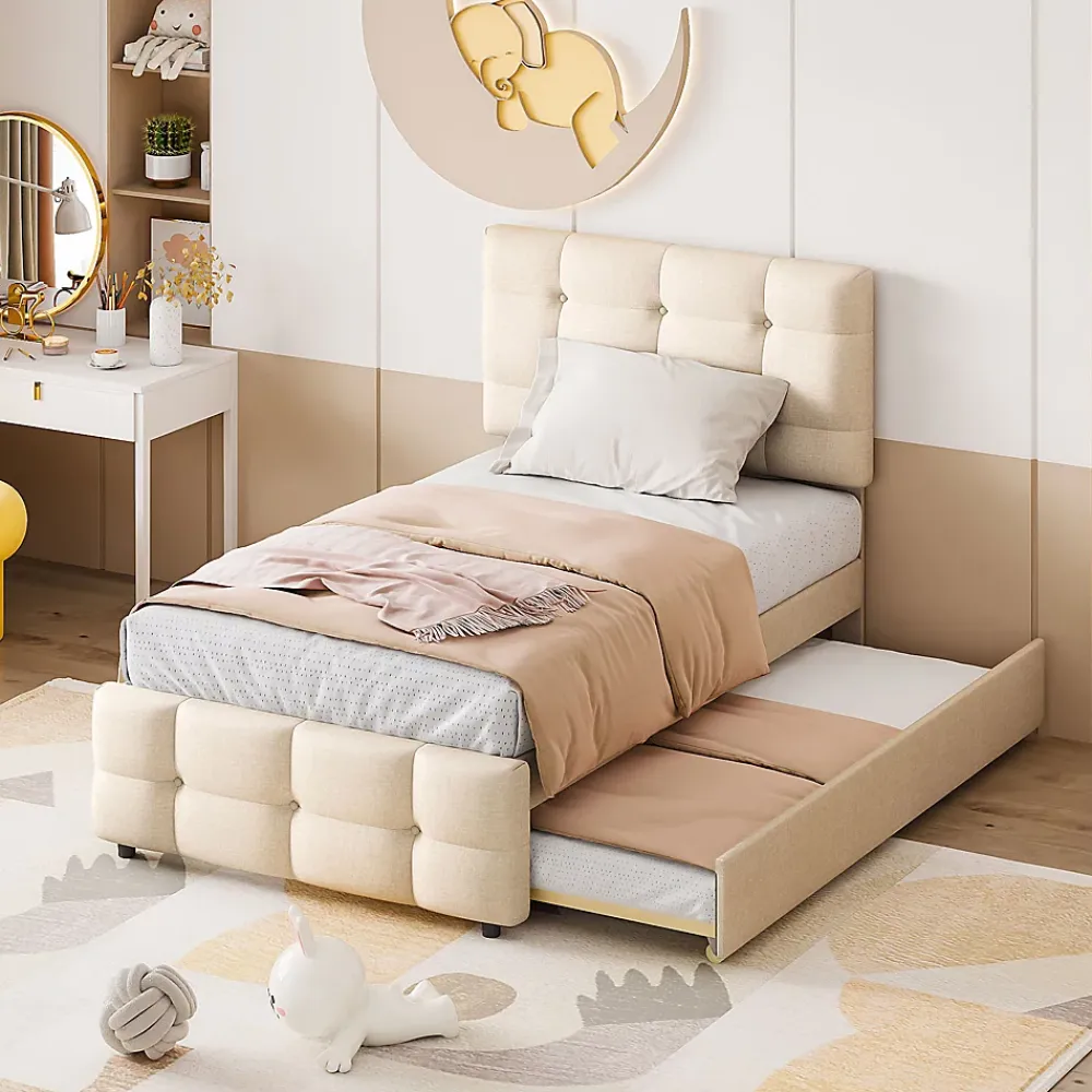 Okwish Lit Gigogne 90x200 cm - Lit Simple enfant avec Sommier à Lattes, Tête de Lit Réglable, Structure MDF et Métal, Sans Matelas, Beige* Lit Gigogne