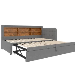 Okwish Lit Gigogne 90x200 cm - Lit Simple avec Rangement et Lit Gigogne Intégré, Ports USB et Type-C, Lin Gris* Lit Gigogne
