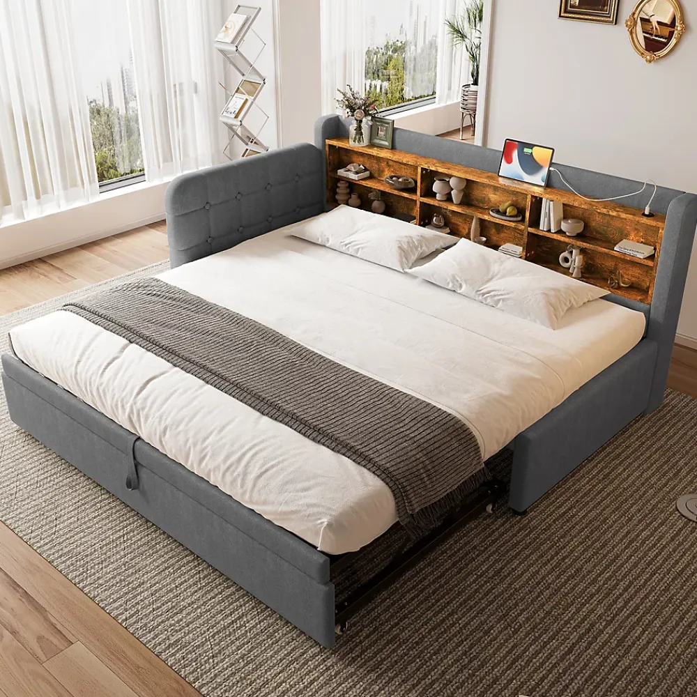 Okwish Lit Gigogne 90x200 cm - Lit Simple avec Rangement et Lit Gigogne Intégré, Ports USB et Type-C, Lin Gris* Lit Gigogne