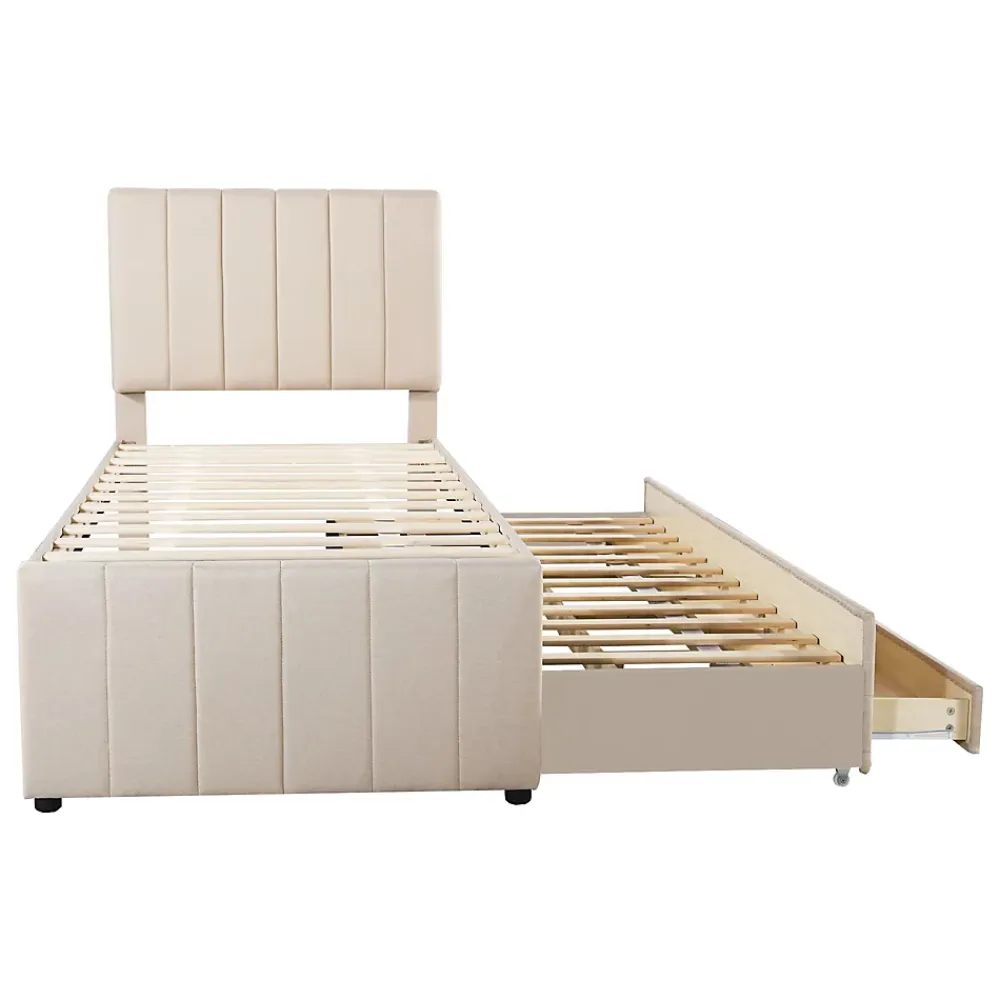 Okwish Lit gigogne 90x200 cm - Lit simple enfant avec tiroirs et lit d'appoint, sans matelas - Revêtement en lin, Beige* Lit Gigogne
