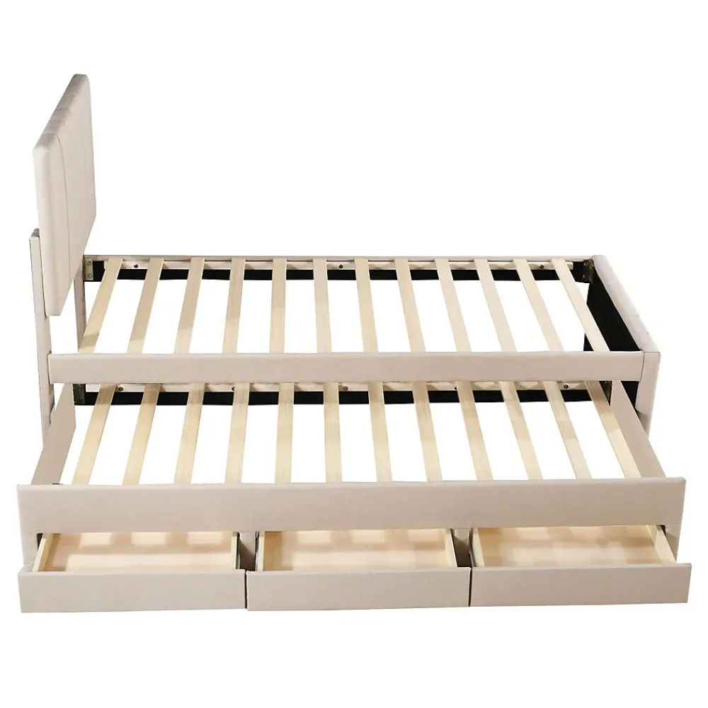 Okwish Lit gigogne 90x200 cm - Lit simple enfant avec tiroirs et lit d'appoint, sans matelas - Revêtement en lin, Beige* Lit Gigogne