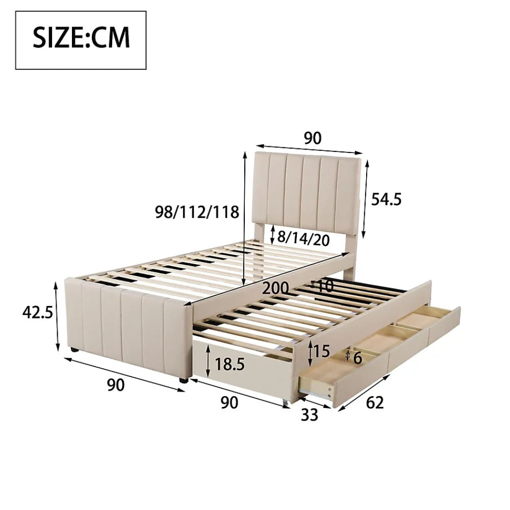 Okwish Lit gigogne 90x200 cm - Lit simple enfant avec tiroirs et lit d'appoint, sans matelas - Revêtement en lin, Beige* Lit Gigogne