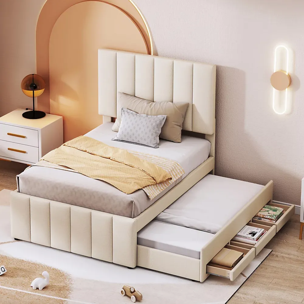 Okwish Lit gigogne 90x200 cm - Lit simple enfant avec tiroirs et lit d'appoint, sans matelas - Revêtement en lin, Beige* Lit Gigogne