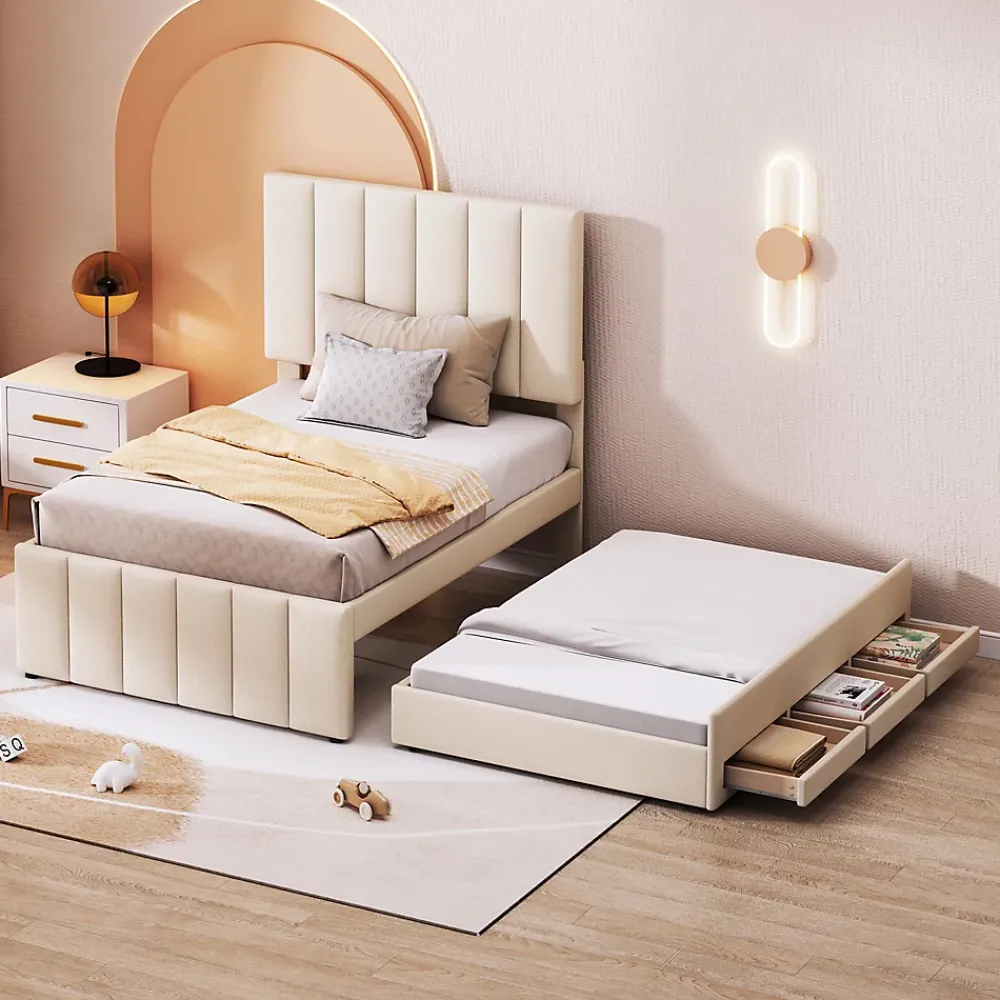 Okwish Lit gigogne 90x200 cm - Lit simple enfant avec tiroirs et lit d'appoint, sans matelas - Revêtement en lin, Beige* Lit Gigogne