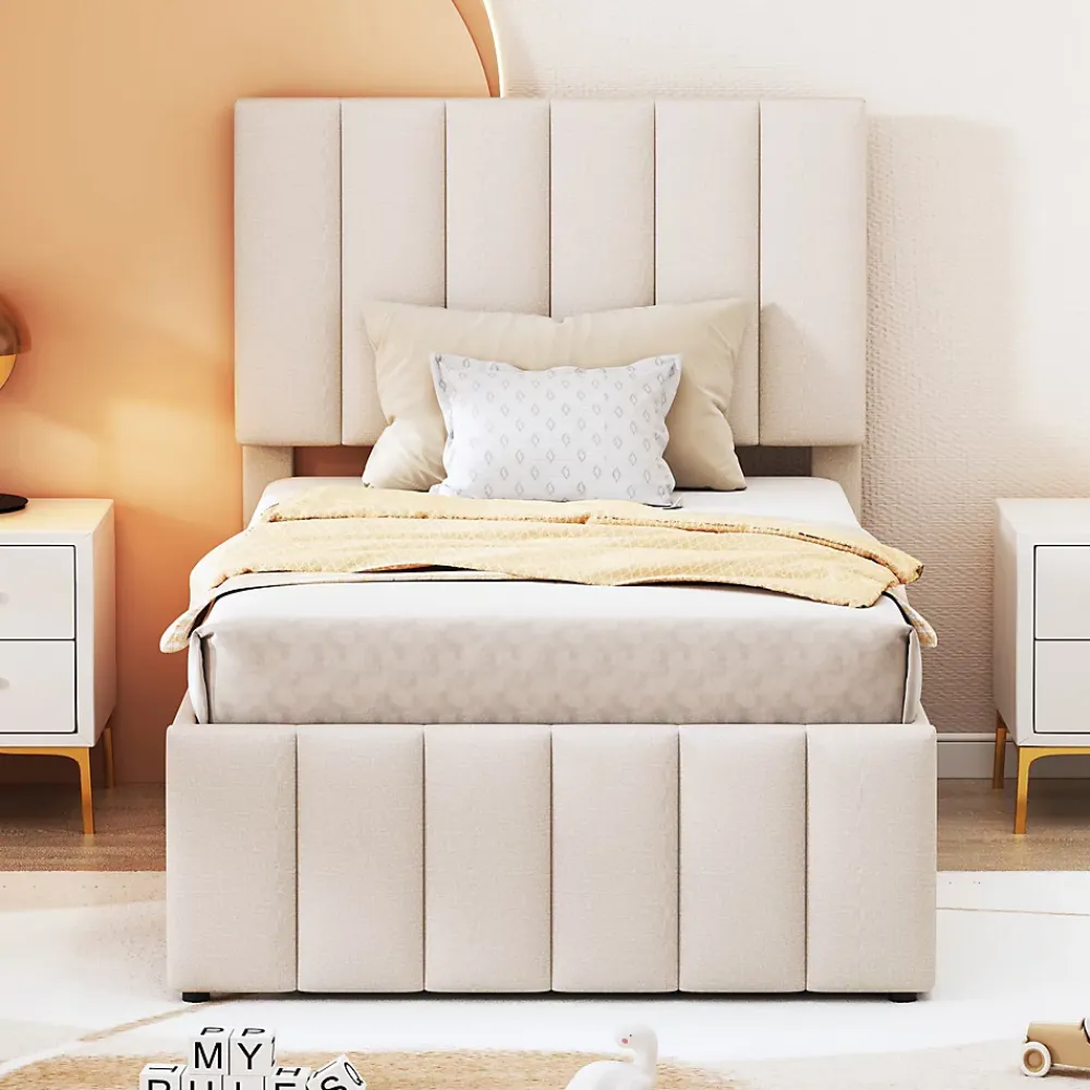 Okwish Lit gigogne 90x200 cm - Lit simple enfant avec tiroirs et lit d'appoint, sans matelas - Revêtement en lin, Beige* Lit Gigogne