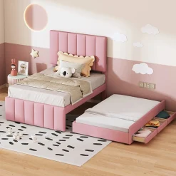 Lit Gigogne 90x200 cm - Lit Simple enfant avec Tiroirs et Couchage d'Ombre, Revêtement en Lin Doux, Sans Matelas - Rose>Okwish