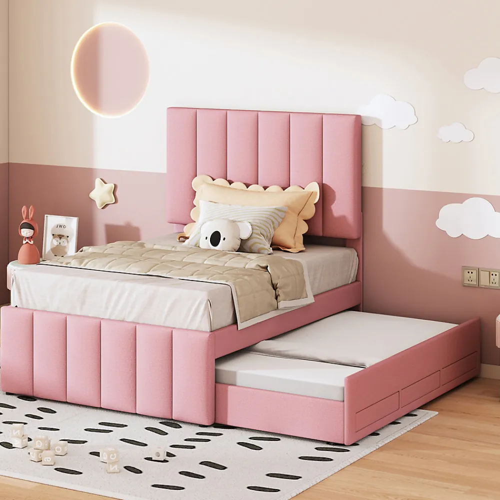 Lit Gigogne 90x200 cm - Lit Simple enfant avec Tiroirs et Couchage d'Ombre, Revêtement en Lin Doux, Sans Matelas - Rose>Okwish