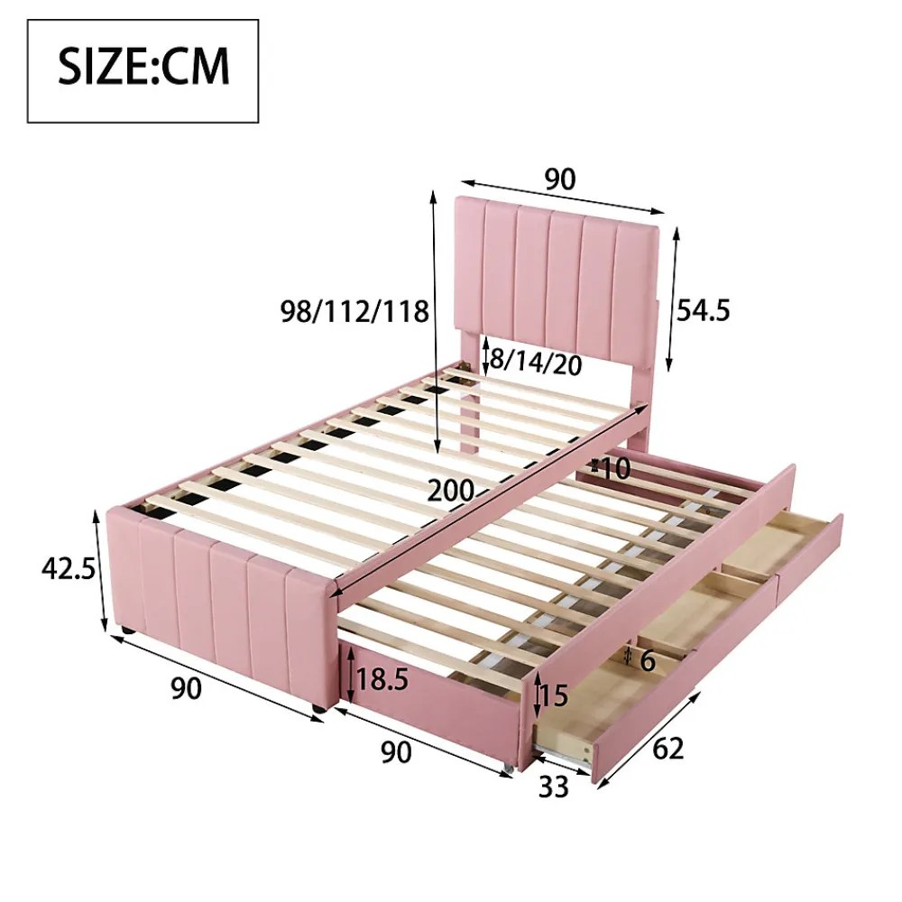 Lit Gigogne 90x200 cm - Lit Simple enfant avec Tiroirs et Couchage d'Ombre, Revêtement en Lin Doux, Sans Matelas - Rose>Okwish